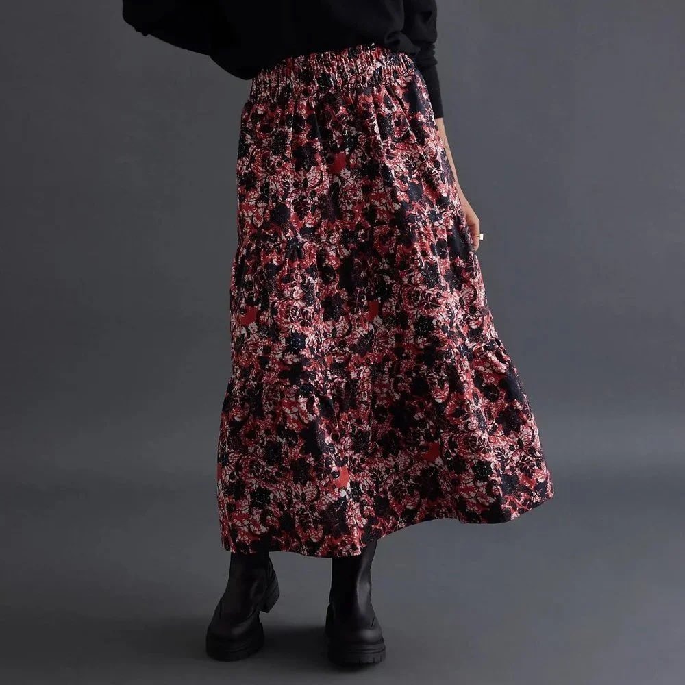 Maeve Anthropologie Somerset Maxi Skirt XS Petite Red Black Floral Tiered Skirt